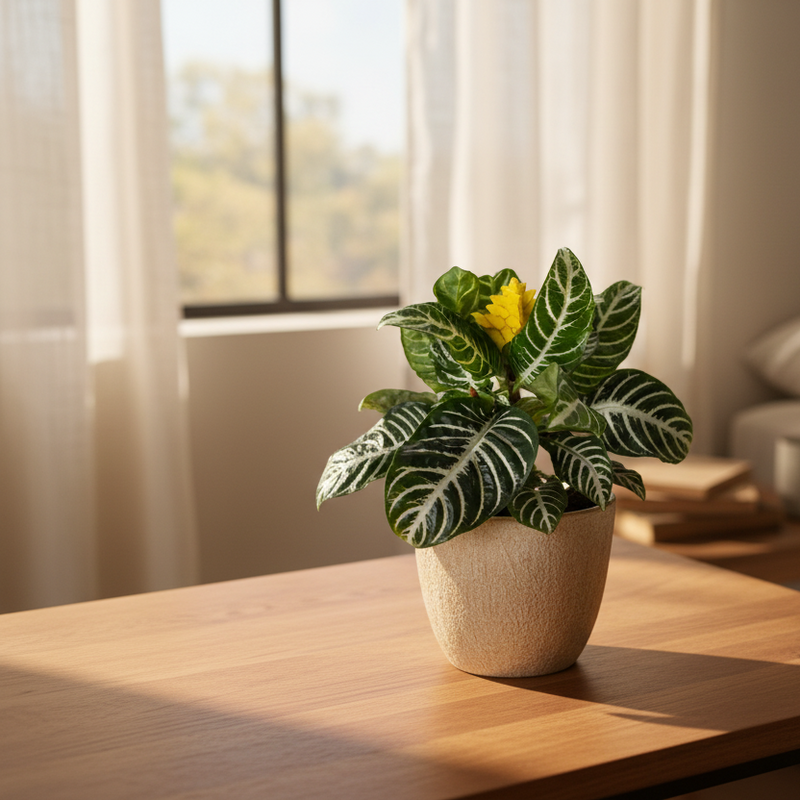 Live Zebra Plant in decorative pot on table - striped houseplant home decor ideas