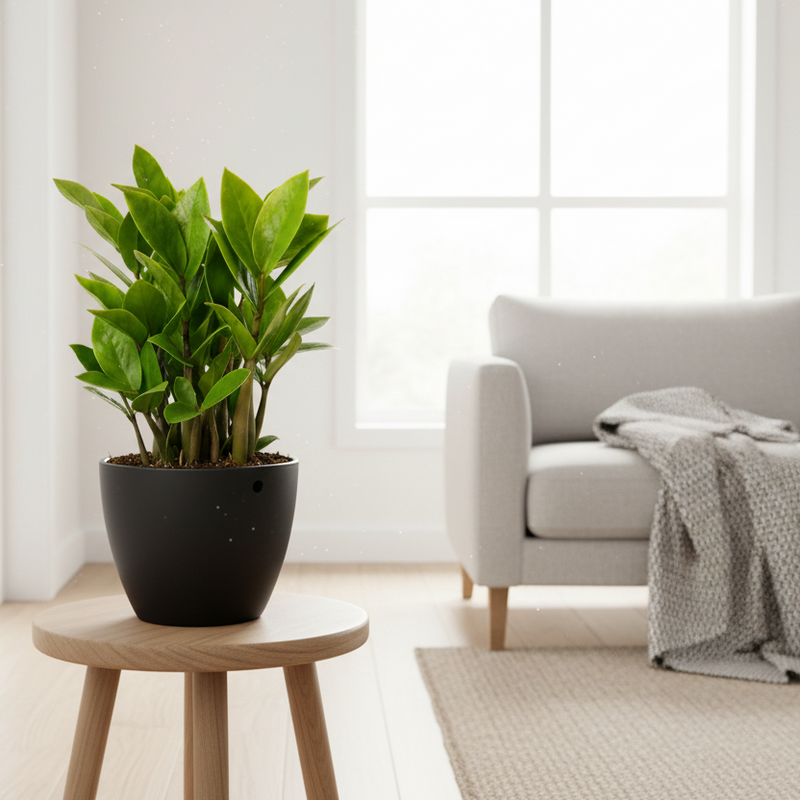 ZZ Plant in decorative pot on wood table in living room | Easy Care & Low Light Tolerant Houseplant | All About Planties